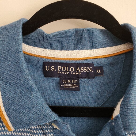 XL U.S. Polo Assn Slim Fit 2 Tone Blue Knit Shirt Short Sleeve Striped Mustard - Picture 4 of 9